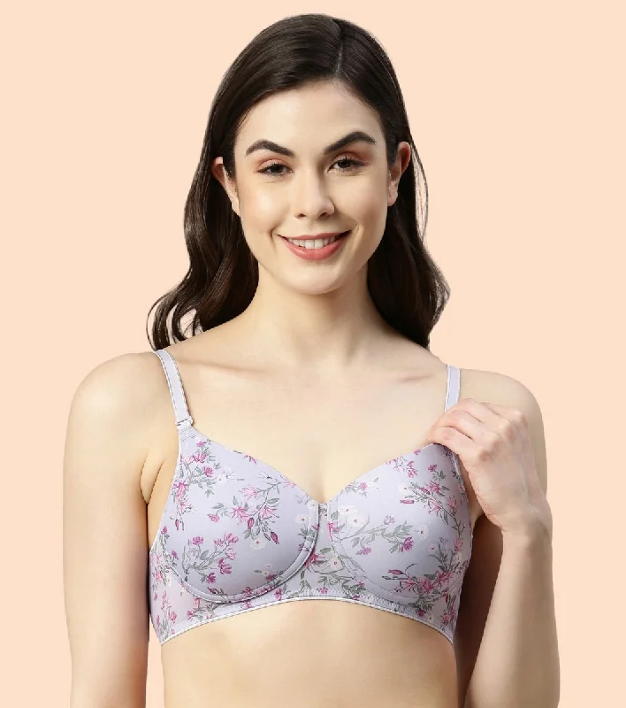 Enamor Dope Dye F165 Ecolite Fabric Smooth Support Bra for Women - Padded, Wirefree and High Coverage - Dainty Petal Print Elegant Cotton Bra