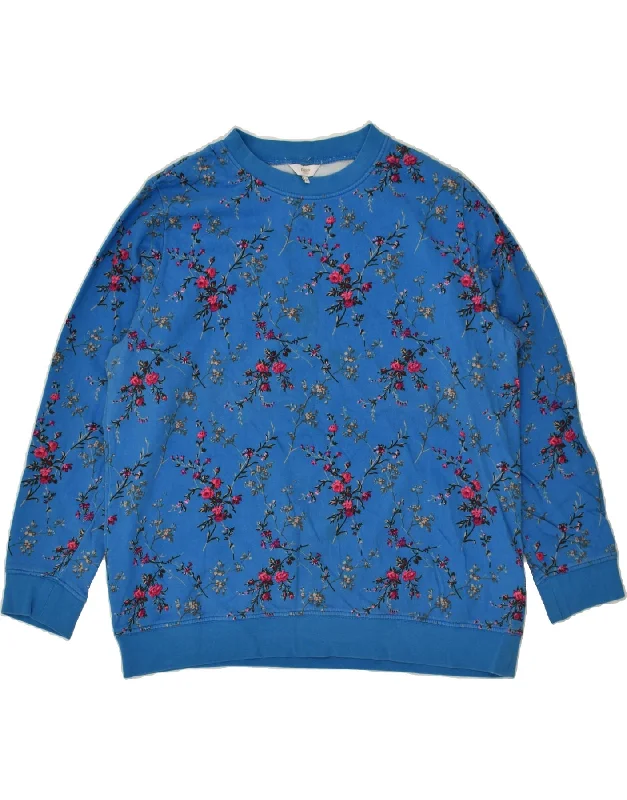 COTTON TRADERS Womens Graphic Sweatshirt Jumper UK 22 3XL Blue Floral Hoodie with Front Slit Layering Stylish