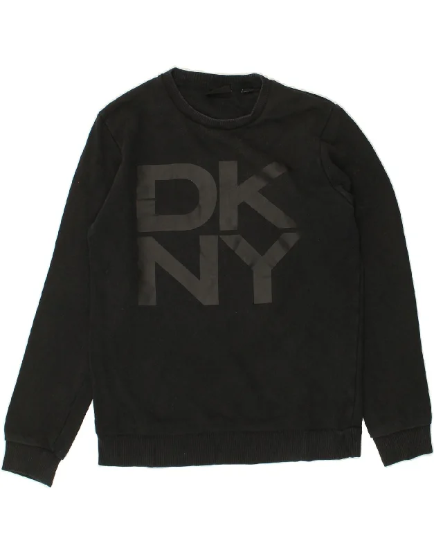 DKNY Womens Graphic Sweatshirt Jumper UK 14 Medium Black Cotton Hoodie with Patch Decorative Personalized