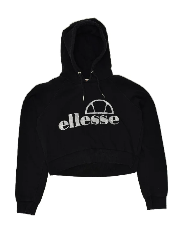 ELLESSE Womens Crop Graphic Hoodie Jumper UK 12 Medium Black Cotton Hoodie with Metallic Shiny Futuristic