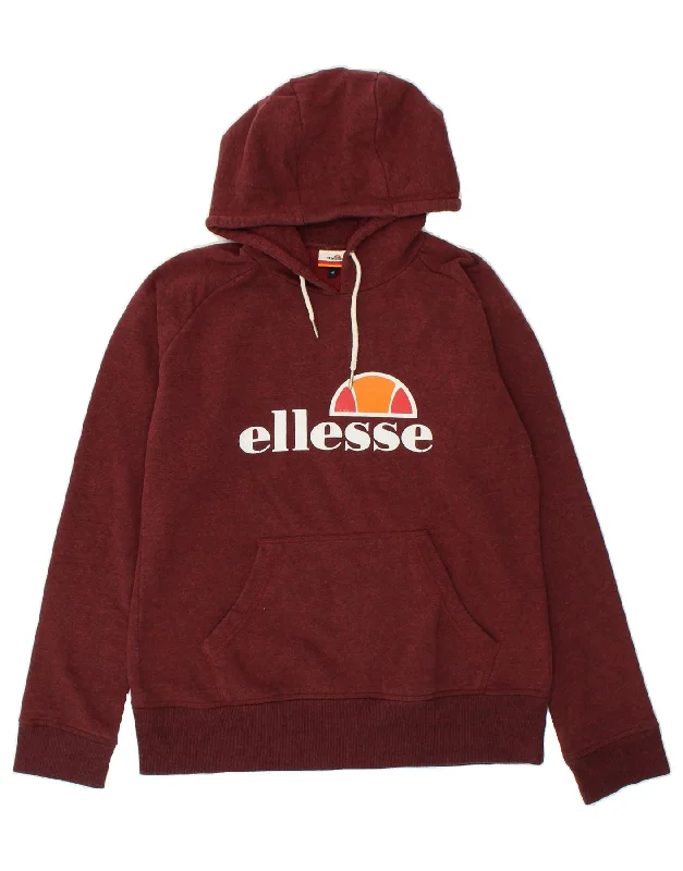 ELLESSE Womens Graphic Hoodie Jumper UK 16 Large Maroon Cotton Hoodie with Slit Hem Functional Movement