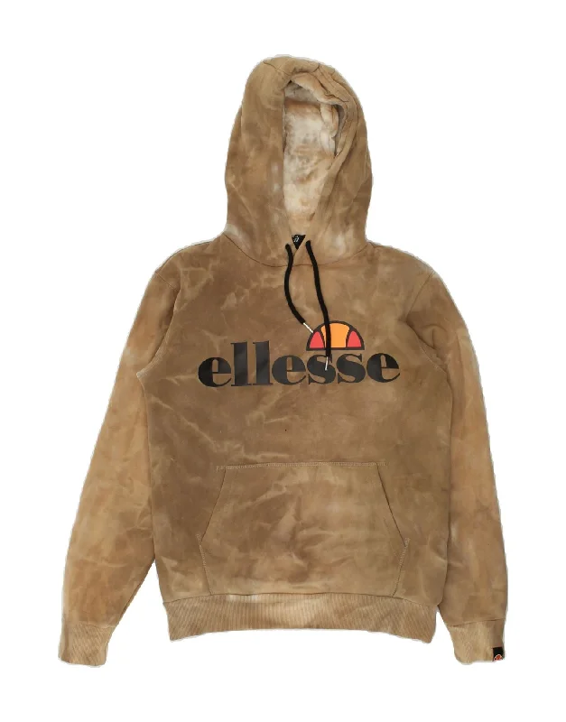 ELLESSE Womens Graphic Hoodie Jumper UK 6 XS Khaki Tie Dye Cotton Hoodie with Monochrome Minimalist Simple