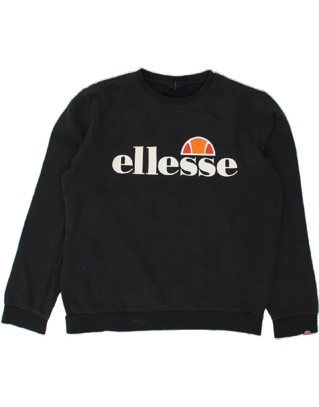 ELLESSE Womens Graphic Sweatshirt Jumper UK 14 Large Navy Blue Cotton Hoodie with Rhinestones Sparkly Elegant