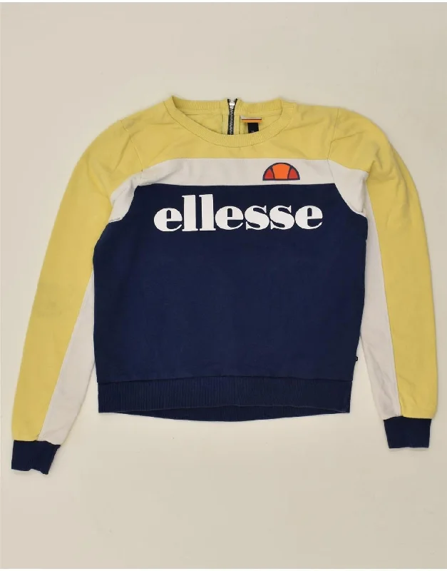 ELLESSE Womens Graphic Sweatshirt Jumper UK 14 Large Yellow Colourblock Hoodie with Hem Lace Feminine Delicate