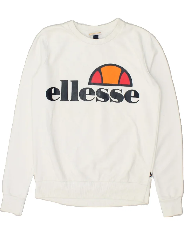 ELLESSE Womens Graphic Sweatshirt Jumper UK 4 XS White Cotton Hoodie with Toggle Buttons Decorative Unique