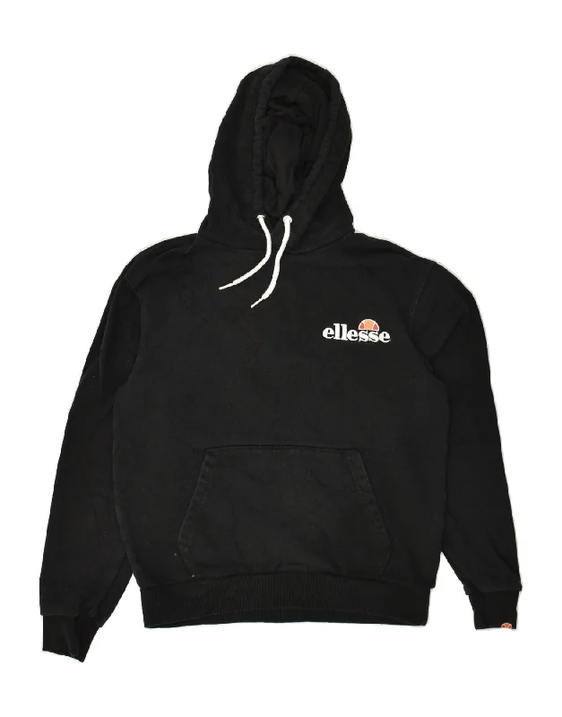 ELLESSE Womens Loose Fit Graphic Hoodie Jumper UK 10 Small  Black Cotton Hoodie with Hem Applique Textured Unique