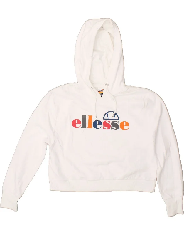 ELLESSE Womens Oversized Crop Graphic Hoodie Jumper UK 8 Small White Hoodie with Toggle Buttons Decorative Unique