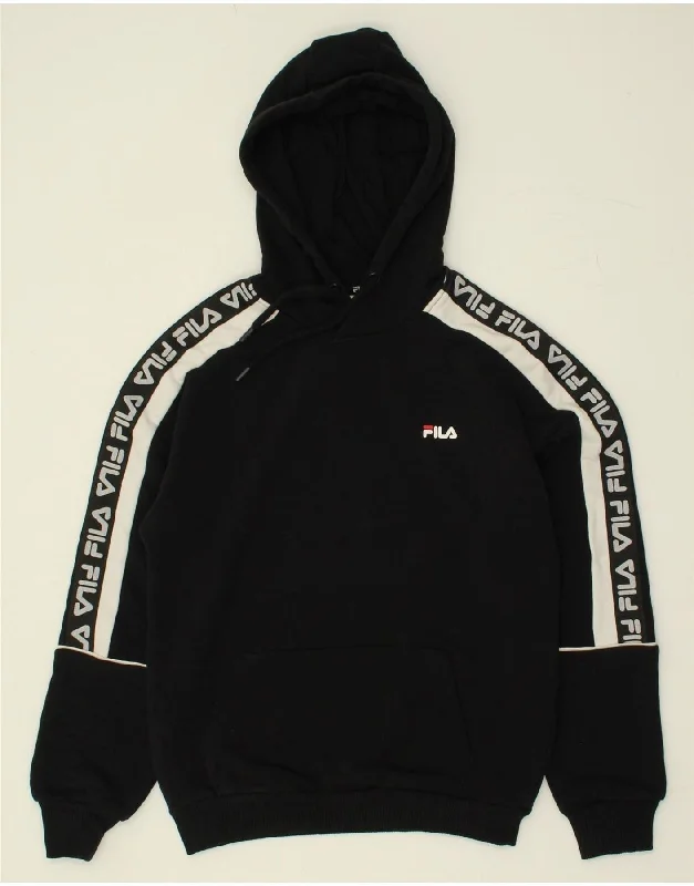 FILA Womens Graphic Hoodie Jumper UK 6 XS Black Colourblock Hoodie with Cropped Fit Short Trendy