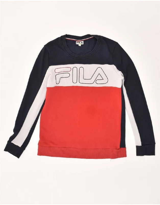 FILA Womens Graphic Sweatshirt Jumper EU 36 Small Red Colourblock Cotton Hoodie with Sequins Glamorous Eye-catching