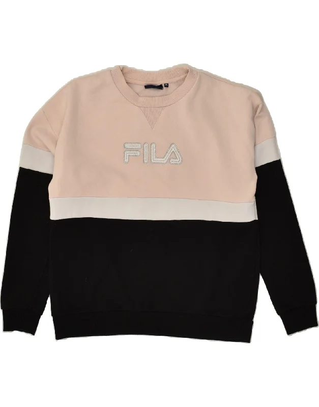 FILA Womens Graphic Sweatshirt Jumper UK 14 Medium Black Colourblock Hoodie with Longline Fit Extended Stylish