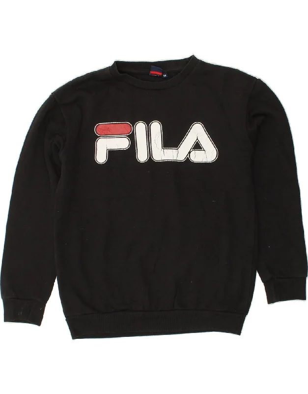 FILA Womens Graphic Sweatshirt Jumper UK 14 Medium Black Polyester Hoodie with Belted Waist Structured Tailored