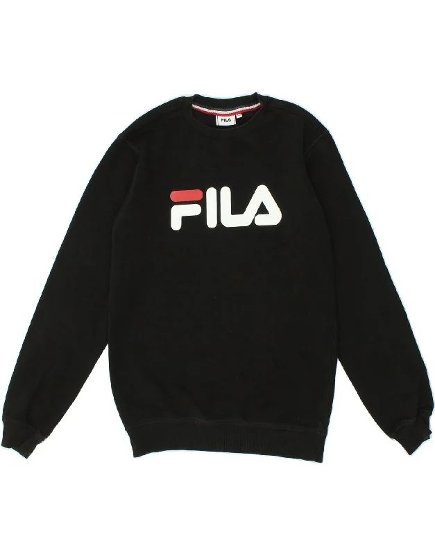 FILA Womens Graphic Sweatshirt Jumper UK 6 XS Black Cotton Hoodie with Lace Feminine Delicate