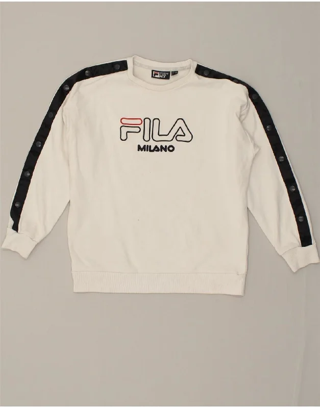 FILA Womens Graphic Sweatshirt Jumper UK 8 Small  White Cotton Oversized Hoodie Comfort Casual