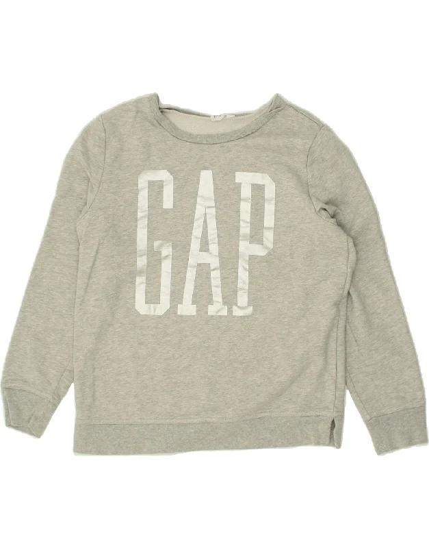 GAP Womens Graphic Sweatshirt Jumper UK 10 Small Grey Cotton Hoodie with Hem Fringe Bohemian Relaxed