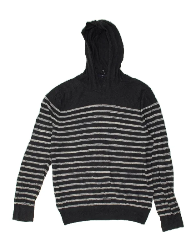 GAP Womens Hoodie Jumper UK 16 Large Navy Blue Striped Cotton Hoodie with Cropped Fit Short Trendy