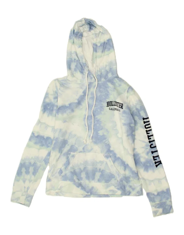 HOLLISTER Womens Graphic Hoodie Jumper UK 10 Small Blue Tie Dye Cotton Hoodie with Bell Sleeves Flared Feminine