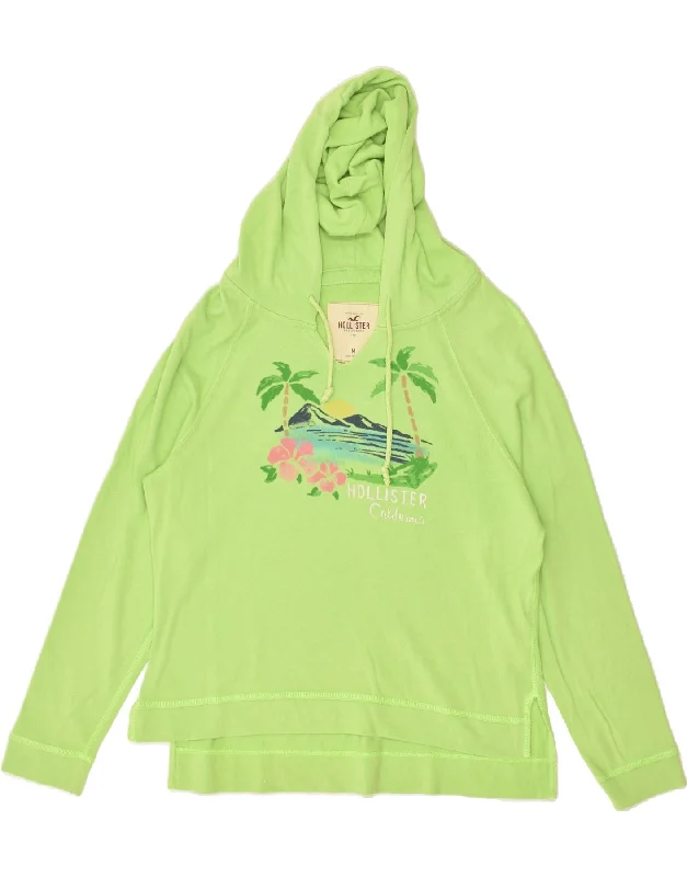 HOLLISTER Womens Graphic Hoodie Jumper UK 14 Medium Green Cotton Hoodie with Hem Ribbing Snug Secure