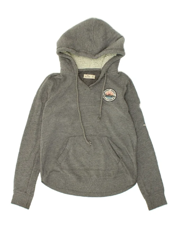 HOLLISTER Womens Graphic Hoodie Jumper UK 14 Medium Grey Cotton Hoodie with Mock Neck Collared Structured