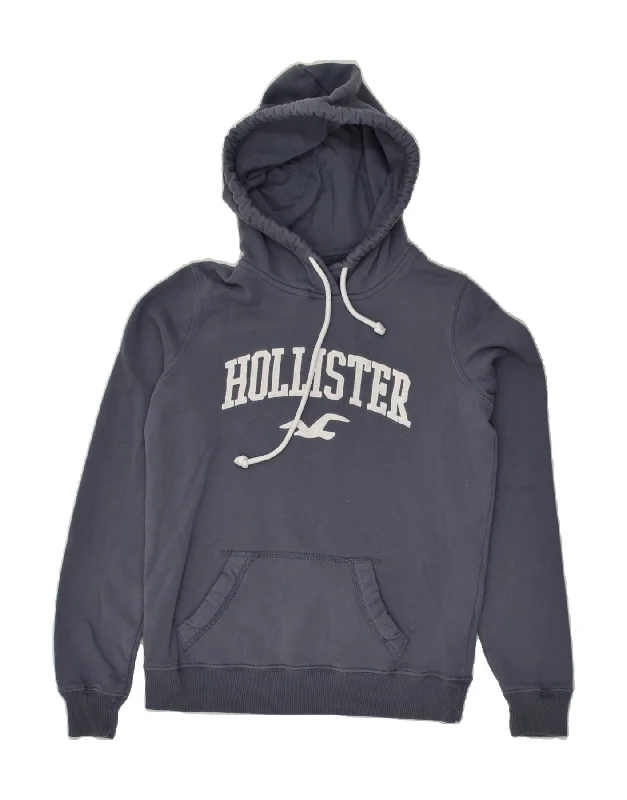 HOLLISTER Womens Graphic Hoodie Jumper UK 6 XS Grey Cotton Hoodie with Hem Ribbing Snug Secure