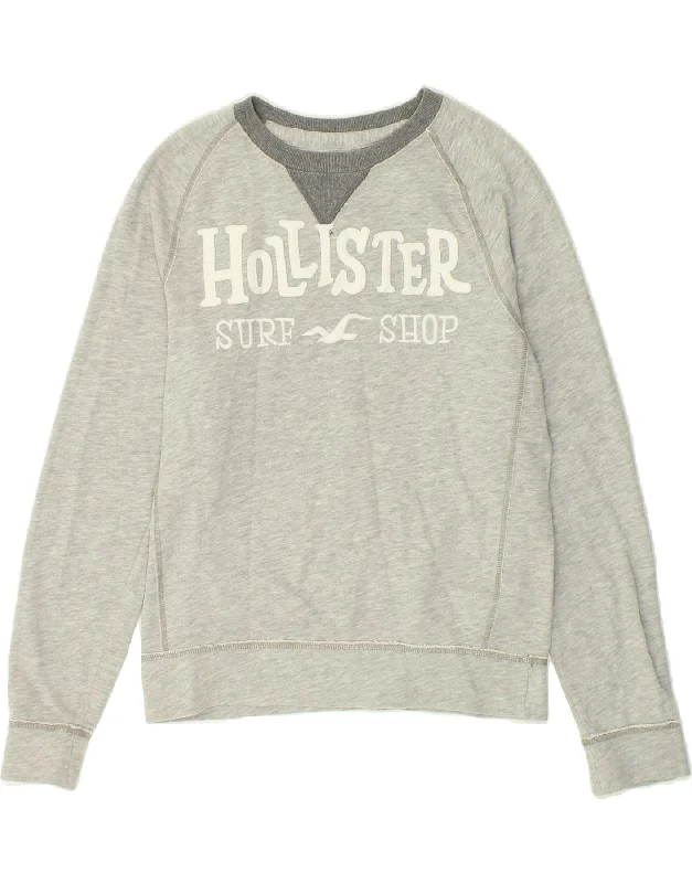 HOLLISTER Womens Graphic Sweatshirt Jumper UK 14 Medium Grey Flecked Hoodie with Ribbed Hem Stretchable Secure