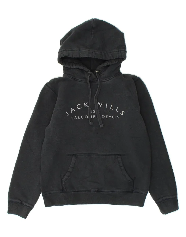 JACK WILLS Womens Graphic Hoodie Jumper UK 10 Small Black Cotton Hoodie with Snap Buttons Easy Quick