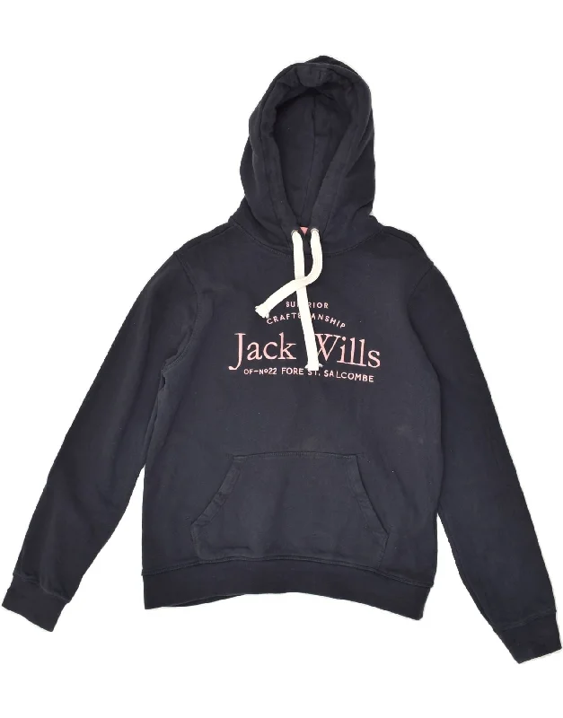 JACK WILLS Womens Graphic Hoodie Jumper UK 12 Medium  Navy Blue Cotton Hoodie with Print Artistic Unique