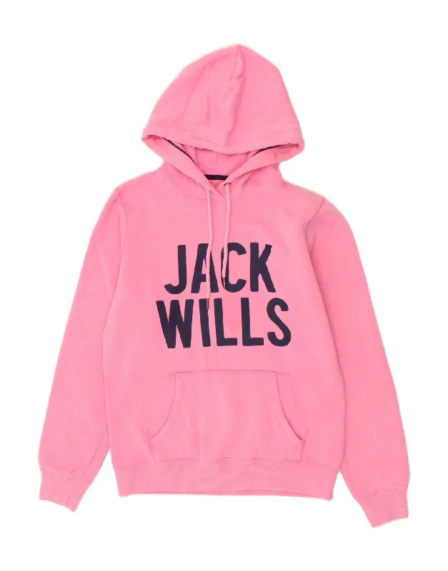 JACK WILLS Womens Graphic Hoodie Jumper UK 12 Medium Pink Cotton Hoodie with Fur Luxurious Winter