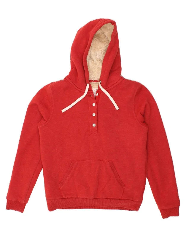 JACK WILLS Womens Graphic Hoodie Jumper UK 12 Medium  Red Cotton Hoodie with Raglan Sleeves Sporty Comfortable