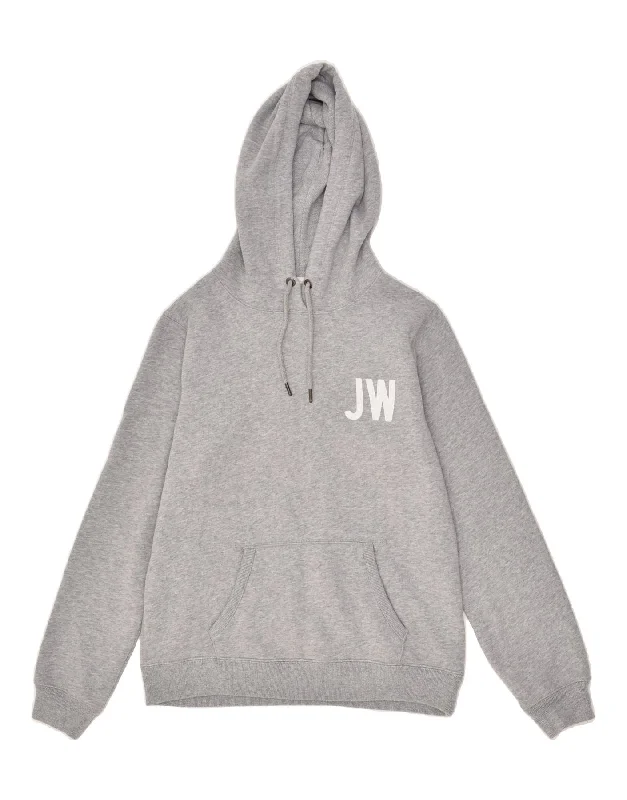 JACK WILLS Womens Graphic Hoodie Jumper UK 14 Large Grey Cotton Hoodie with Hem Patch Decorative Personalized