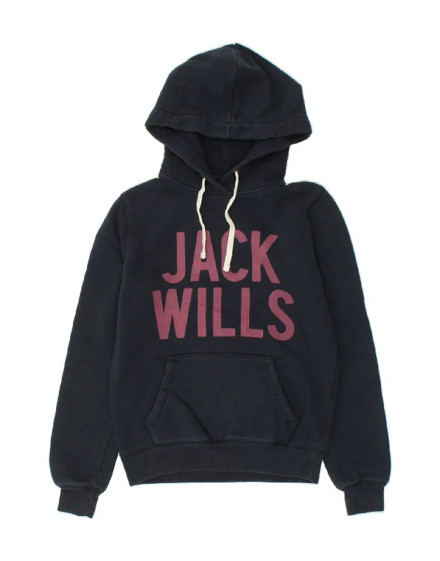 JACK WILLS Womens Graphic Hoodie Jumper UK 6 XS Navy Blue Cotton Hoodie with Patch Decorative Personalized