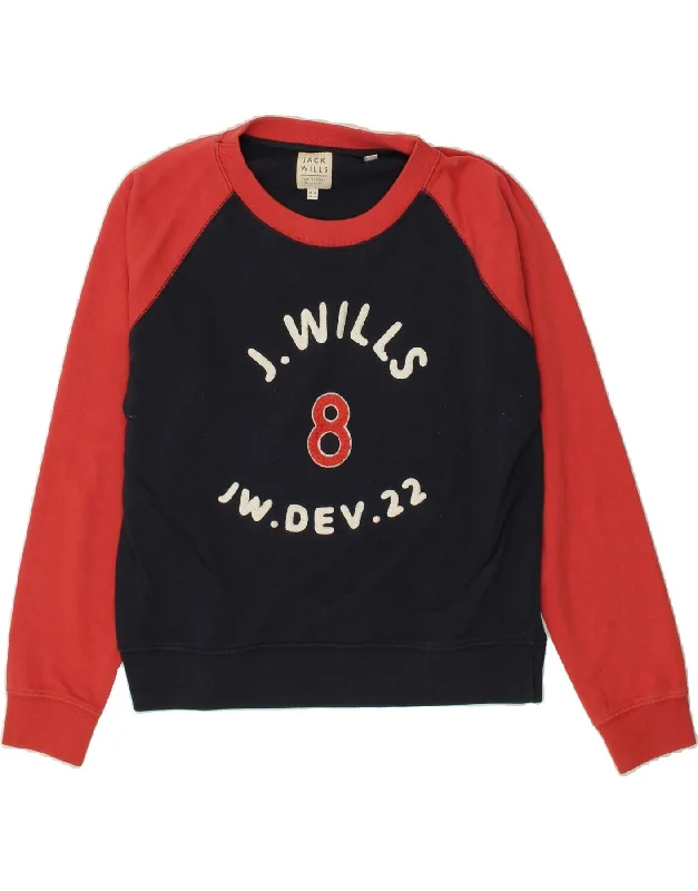 JACK WILLS Womens Graphic Sweatshirt Jumper UK 10 Small Navy Blue Hoodie with Raglan Sleeves Sporty Comfortable