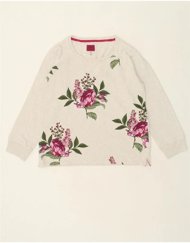 JOULES Womens Graphic Sweatshirt Jumper UK 12 Medium Beige Floral Cotton Hoodie with Puffed Sleeves Voluminous Trendy