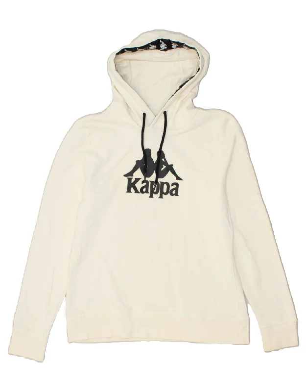 KAPPA Womens Graphic Hoodie Jumper UK 14 Large Off White Cotton Hoodie with Hem Lace Feminine Delicate