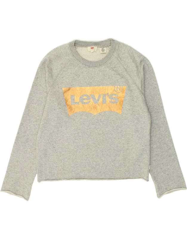 LEVI'S Womens Crop Graphic Sweatshirt Jumper UK 10 Small Grey Cotton Hoodie with Pattern Geometric Abstract