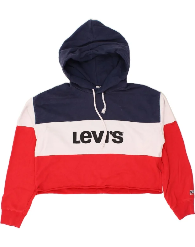 LEVI'S Womens Graphic Crop Hoodie Jumper UK 10 Small Multicoloured Hoodie with Exposed Zipper Edgy Industrial