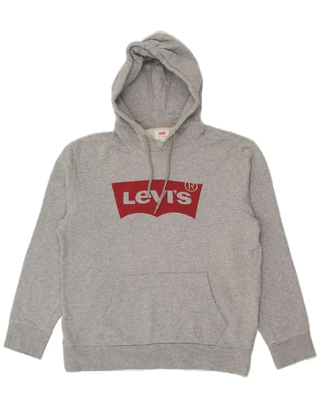 LEVI'S Womens Graphic Hoodie Jumper UK 14 Medium Grey Cotton Hoodie with Stripes Bold Sporty