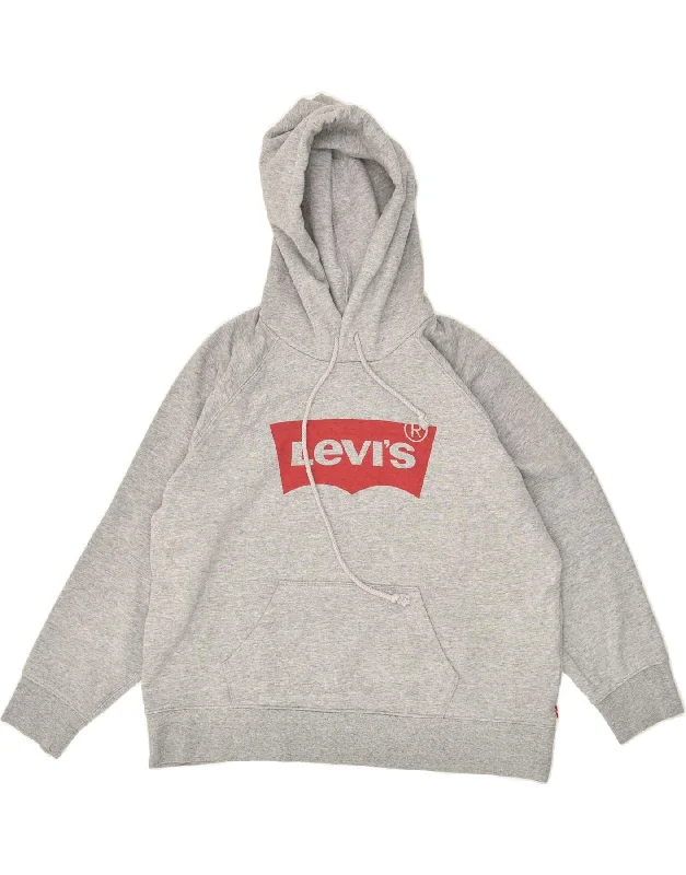 LEVI'S Womens Graphic Hoodie Jumper UK 16 Large Grey Cotton Hoodie with Ribbed Cuffs Snug Fit Comfort