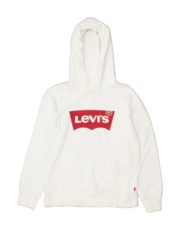 LEVI'S Womens Graphic Hoodie Jumper UK 6 XS White Cotton Hoodie with Hem Embroidery Detailed Premium