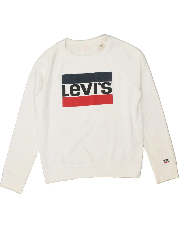 LEVI'S Womens Graphic Sweatshirt Jumper UK 10 Small White Cotton Hoodie with Set-In Sleeves Structured Classic