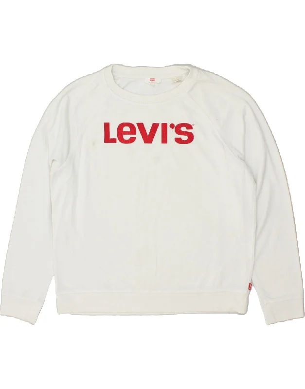 LEVI'S Womens Graphic Sweatshirt Jumper UK 16 Large White Cotton Hoodie with Drawstring Waist Adjustable Fitted