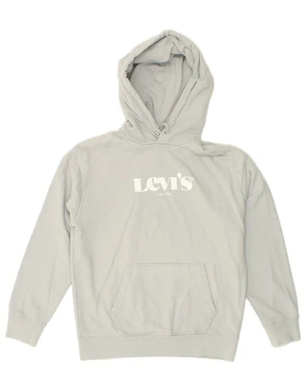 LEVI'S Womens Loose Fit Graphic Hoodie Jumper UK 10 Small Grey Cotton Hoodie with Applique Textured Unique