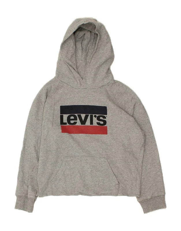 LEVI'S Womens Loose Fit Graphic Hoodie Jumper UK 16 Large Grey Hoodie with Hem Embroidery Detailed Premium