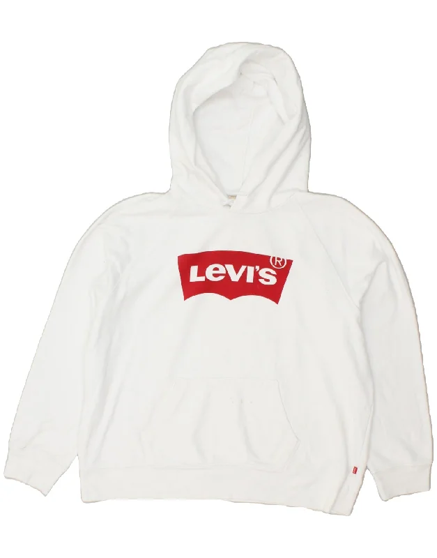 LEVI'S Womens Loose Fit Hoodie Jumper UK 18 XL White Cotton Hoodie with Applique Textured Unique