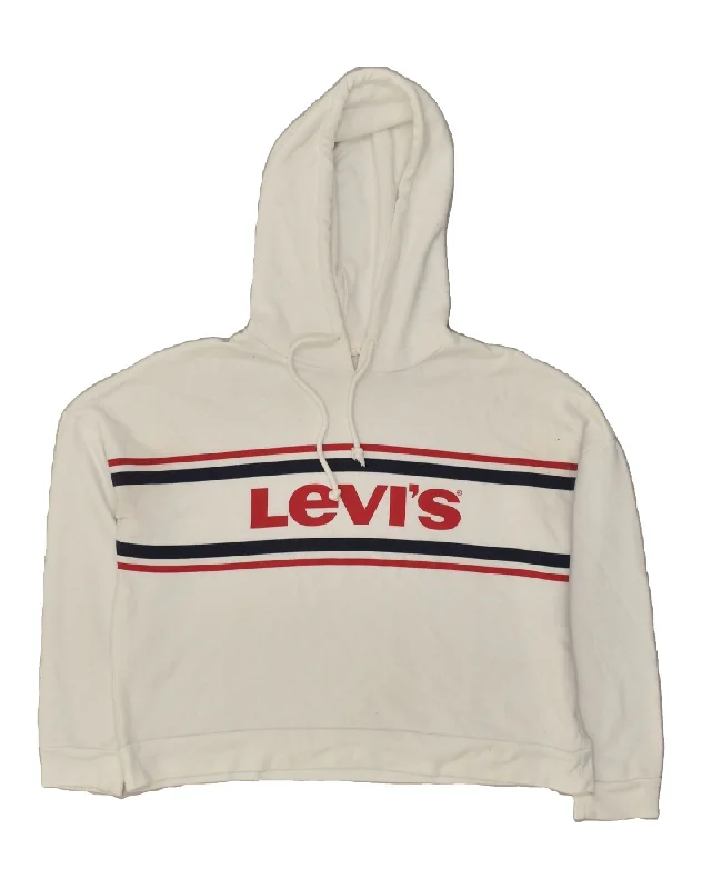 LEVI'S Womens Oversized Crop Graphic Hoodie Jumper UK 6 XS White Hoodie with Metallic Shiny Futuristic