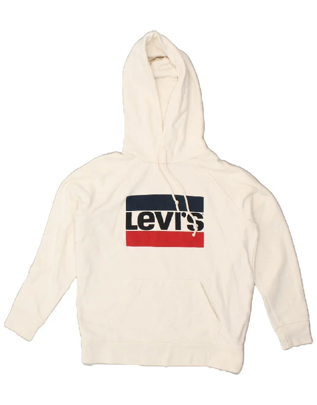 LEVI'S Womens Oversized Graphic Hoodie Jumper UK 10 Small Off White Cotton Hoodie Sweatshirt Pullover