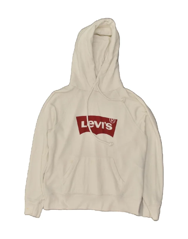 LEVI'S Womens Oversized Graphic Hoodie Jumper UK 10 Small White Cotton Hoodie with Camouflage Military Edgy