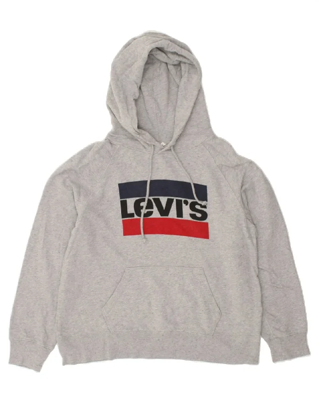 LEVI'S Womens Oversized Graphic Hoodie Jumper UK 14 Medium Grey Cotton Hoodie with Fur Luxurious Winter