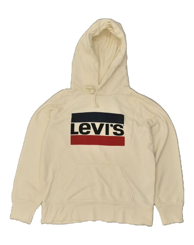 LEVI'S Womens Oversized Graphic Hoodie Jumper UK 6 XS Off White Cotton Hoodie with Pattern Geometric Abstract