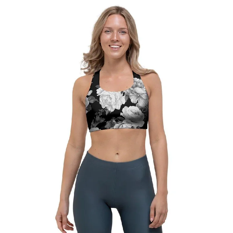 Monochrome Rose Floral Sports Bra Chic Lace Bra