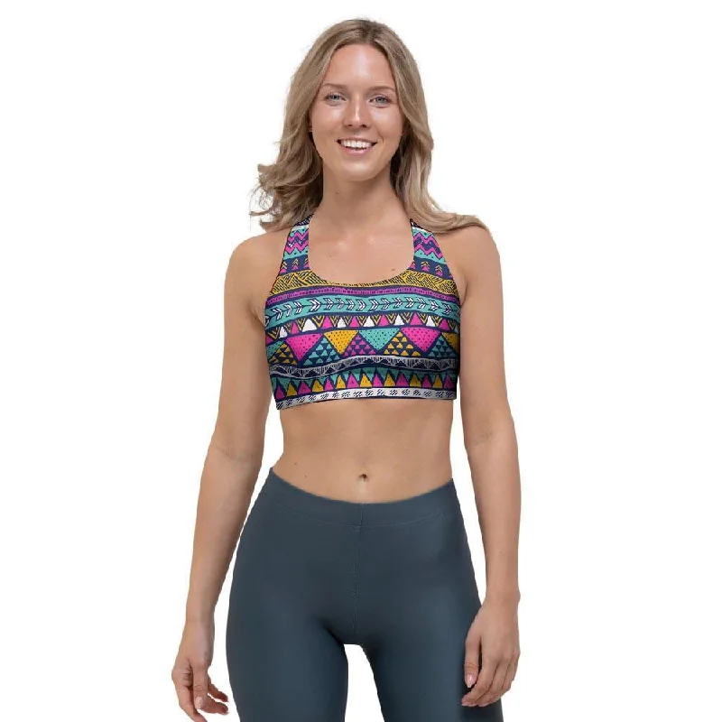 Multicolor Indian Aztec Geometric Art Sports Bra Breathable Full Coverage